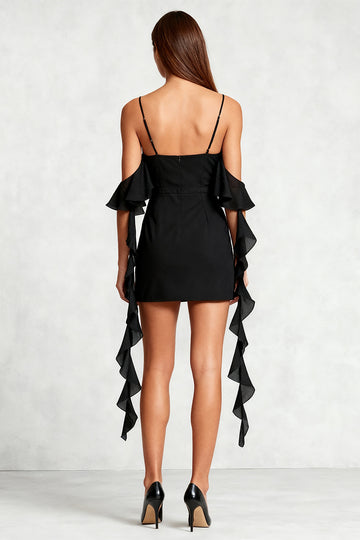Cold Shoulder Bodycon Little Black Dress with Ruffles